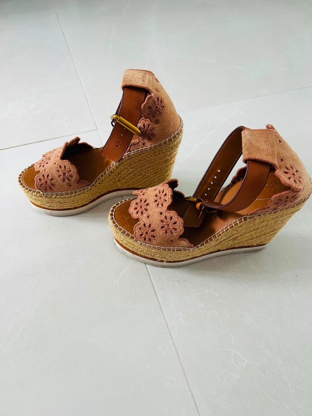 See by Chloé Tan Suede Eyelet Wedge Espadrille Sandals (Size 6)